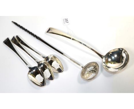 A silver Old English pattern soup ladle, Manoah Rhodes, London 1929; a pair of George III silver table spoons, Batemans, Lond