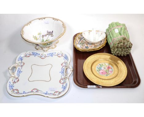 A modern Spode punch bowl, a Cauldon plate, a pair of faience plates, an asparagus tureen, a twin handled tray and a basket 