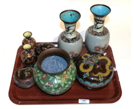 A pair of Japanese cloisonne enamel vases; six pieces of Chinese cloisonne enamel 