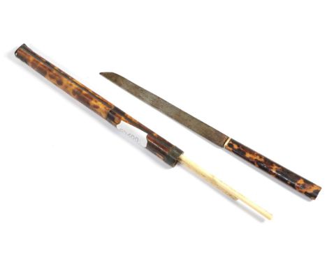 A Japanese tortoiseshell knife and scabbard with bone chopsticks 