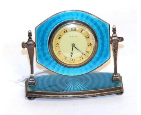 A silver and guilloche enamel bedside timepiece 