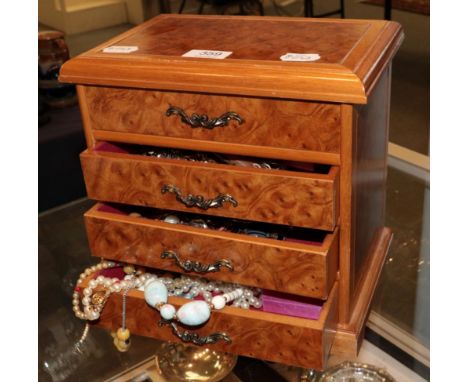 Modern walnut style jewellery box modelled as a miniature chest of drawers enclosing, Rosita pearl necklace, ERW silver fancy