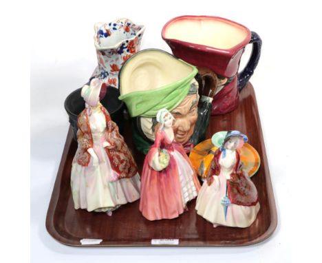 Three Royal Doulton figures including 'The Paisley Shawl', a Wedgwood black basalt cache pot, Doulton character jugs, Shelley