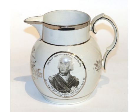 A pearlware Nelson Commemorative jug, circa 1805, printed in black with a bust portrait of Lord Nelson inscribed England Expe