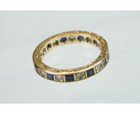 Sapphire and white stone 9ct yellow gold eternity ring, alternate square mixed cut diamonds, round mixed cut white stones, ba