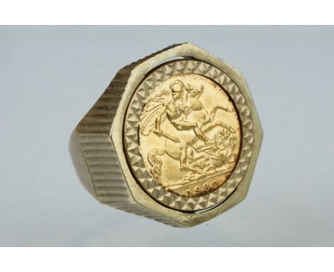 Elizabeth II half sovereign coin ring, 1982, George and the Dragon back, 9ct gold textured ring mount, ring size Q½ 