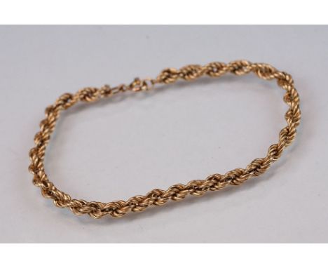 9ct yellow gold rope twist bracelet, bolt ring clasp, length approx 18cm 