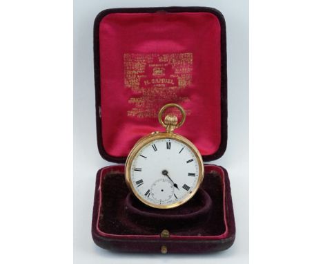 14ct yellow gold open faced top wind pocket watch with white enamel dial and seconds dial, black roman numerals, poker hand (