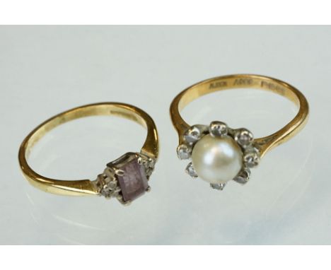 Amethyst and diamond 18ct yellow gold ring, size M½; together with a pearl and diamond 18ct yellow gold cluster ring, size M 