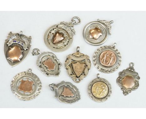 Ten Silver hallmarked watch fobs, early to mid 20th century, featuring boxing and billiards examples 