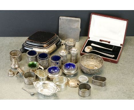 Assorted silver to include a pair of silver napkin rings and other silver individual napkin rings; cigarette case, engine tur