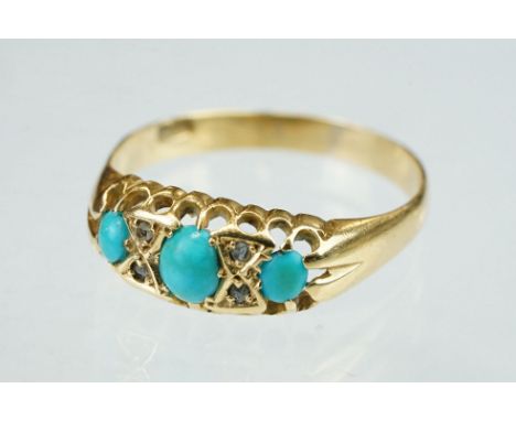 Turquoise and diamond 18ct yellow gold boat head ring, three oval cabochon cut turquoise stones, claw settings, four small ro