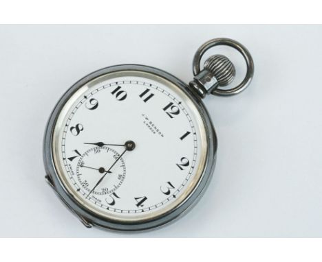 J W Benson silver open face top wind pocket watch, white enamel dial and seconds dial, black Arabic numerals and poker hands,
