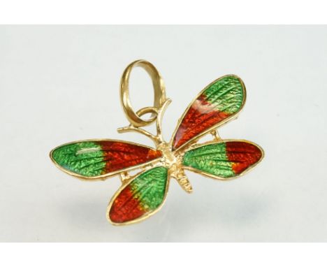 Enamelled 18ct yellow gold pendant modelled as a butterfly, red and green enamel, dimensions approx 12mm x 23mm (excluding ba