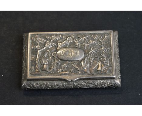 Chinese silver snuff box, the hinged lid with cast Chinese woodland scene depicting Elders playing board game, initialled ova