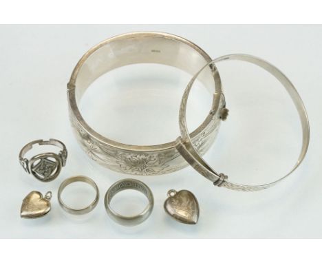 Silver hinged bangle, engraved foliate decoration, tongue and box clasp, width approx 2cm, hallmarked Birmingham 1961; togeth