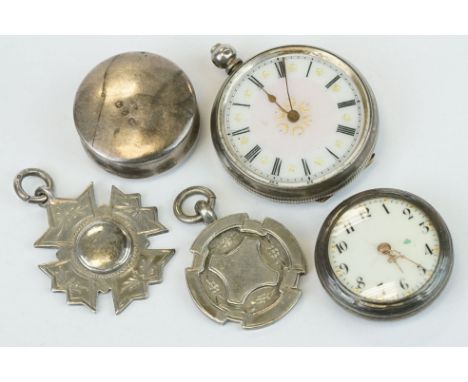 Two silver fobs, a silver fob watch, an enamelled silver fob watch (af) and a late Victorian silver patch box, makers E S Bar