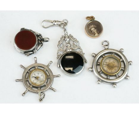 Three Silver watch fobs, including 2 swivel fobs (Birmingham 1897 bloodstone &amp; carnelian fob and a moss agate &amp; onyx 
