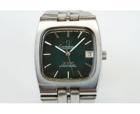 Omega Constellation automatic chronometer square cased gents wristwatch, stainless steel with black dial, baton silvered hour