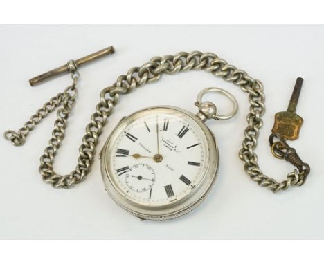 'Kay's Perfection Lever' silver open face key wind pocket watch, Birmingham 1911, with engine turned case, key, base metal al