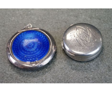 Enamelled circular silver pill box, guilloche blue enamel hinged lid, plain polished body, makers Crisford &amp; Norris Ltd, 