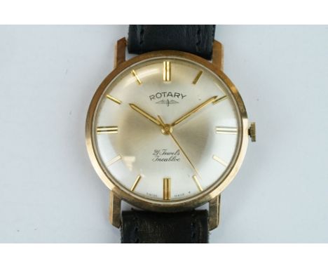Rotary Incabloc 9ct gold cased gents wristwatch, with silvered dial, gilt baton hour markers, gilt pencil hands, 21 jewels sw