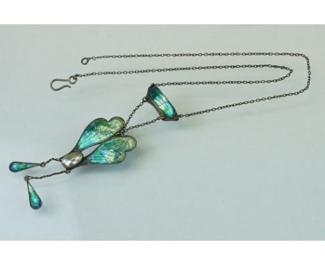 Late 19th century / early 20th century blister pearl enamelled white metal Art Nouveau pendant necklace, the asymmetric blist