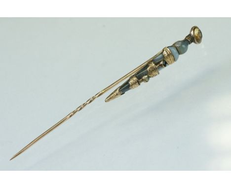 Late 19th century gemstone unmarked rose gold stick pin modelled as a dirk set with blue lace agate, citrine and smoky quartz