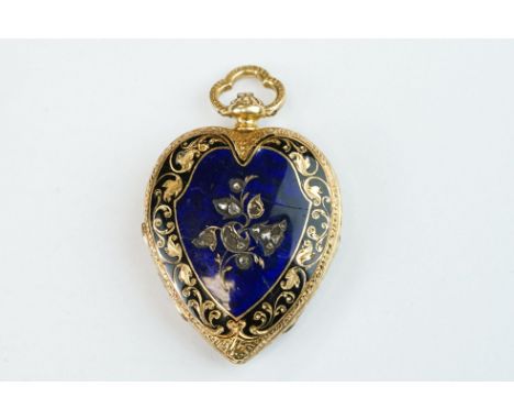 Yellow metal and enamel full hunter ladies key wind fob watch, heart-shaped and set with rose cut diamonds to front and back,