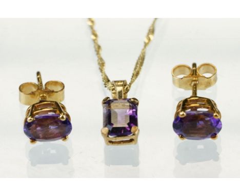 Amethyst 9ct yellow gold pendant necklace, the rectangular cut amethyst measuring approx 7mm x 5mm, claw set, flat rope twist