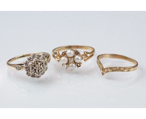 Three 9ct yellow gold dress rings, comprising a diamond three tier cluster ring, ring size P½; a pearl cluster 9ct gold ring 