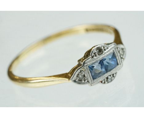 Early 20th century sapphire and diamond 18ct yellow gold and platinum set ring, two square mixed cut sapphire, measuring appr