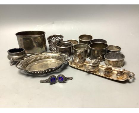   Small silver including nine napkin rings, hip flask cup, miniature tea set, dish etc.