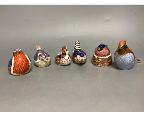   Six Royal Crown Derby bird paperweights, Bullfinch Nesting, Cardinal, Swimming Duckling, Goldcrest, Robin and Wren,four sil