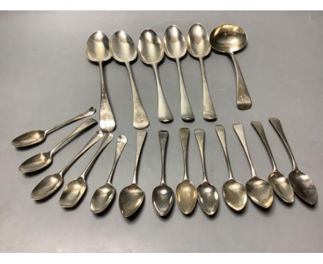   A collection of Georgian silver Old English pattern flatware,comprising five tablespoons, a sauce ladle and 13 various teas