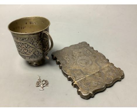   A Victorian engraved silver card case, George Unite, Birmingham, 1877, 10.1cm, together with a white metal and niello small