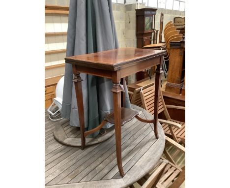   An Edwardian mahogany and satinwood banded swivel top card table, width 60cm, depth 40cm, height 74cm