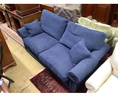   A modern blue fabric metal action two seater sofa bed, width 190cm, depth 90cm, height 90cm