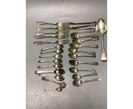   A small collection of silver fiddle pattern flatware, two pairs of sugar tongs and sundry silver coffee and condiment spoon