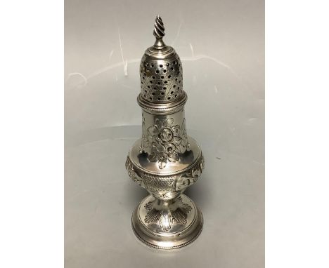   A George III silver baluster caster, with later embossed decoration, Thomas Shepherd, London, 1785, 15.5cm,103 grams.