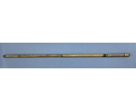   A 19th century bamboo swordstick, with vellum mounted handle and worn blued steel blade, overall length 89cm