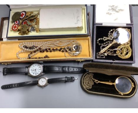   A collection of vintage and costume jewellery, watches and other items,including two gilt metal quizzing glasses, one marca