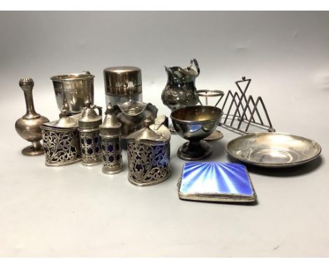   A group of 18th century and later silver, including a George III Newcastle sauceboat, by John Langlands and cream jug, late