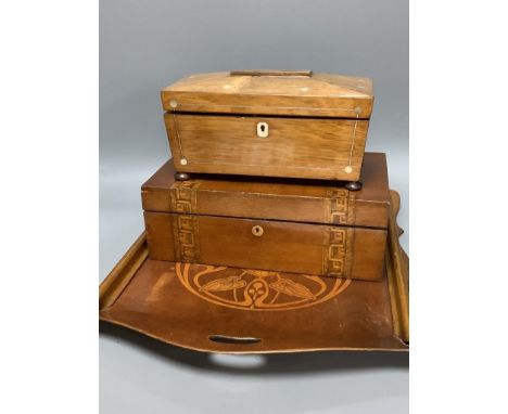   A Thonet style bentwood tray, 52 x 47cm, a writing slope and a rosewood tea caddy,