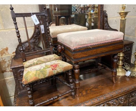   A late Victorian rosewood adjustable piano stool, length 50cm and a child's tapestry upholstered chair (2)