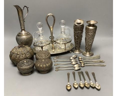   A pair of Thai Sterling silver specimen vases, a white metal ewer, a 'betel nut' box and cover, a set of silver teaspoons w