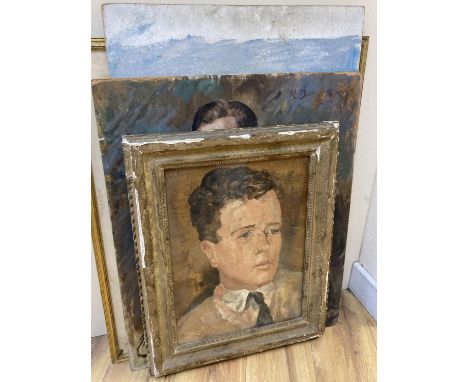   R. Dumont-Smith, three oil on board portraits and a watercolour sketch, largest 77 x 50cm
