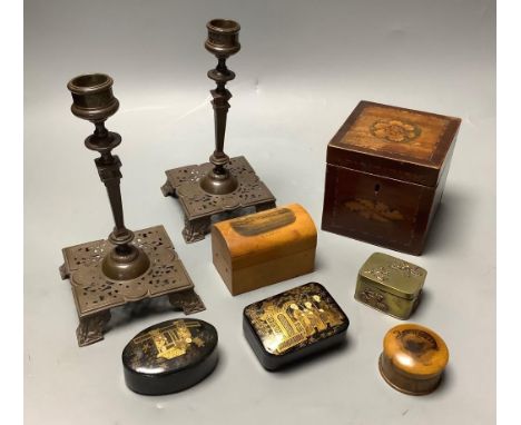   A pair of Max Hartmann copper alloy candlesticks, Georgian tea caddy, Treen and papier-mâché boxes