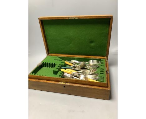   A quantity of mixed mainly 18th and 19th century silver flatware, various dates and makers and a small group of plated cutl