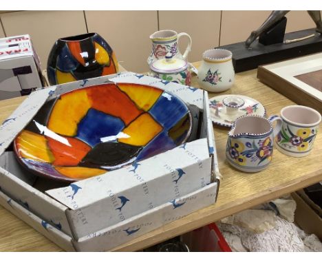   Poole pottery - two vases, a dish, two jugs, two pots, a chamberstick and a barrel and cover, largest diameter 34cm